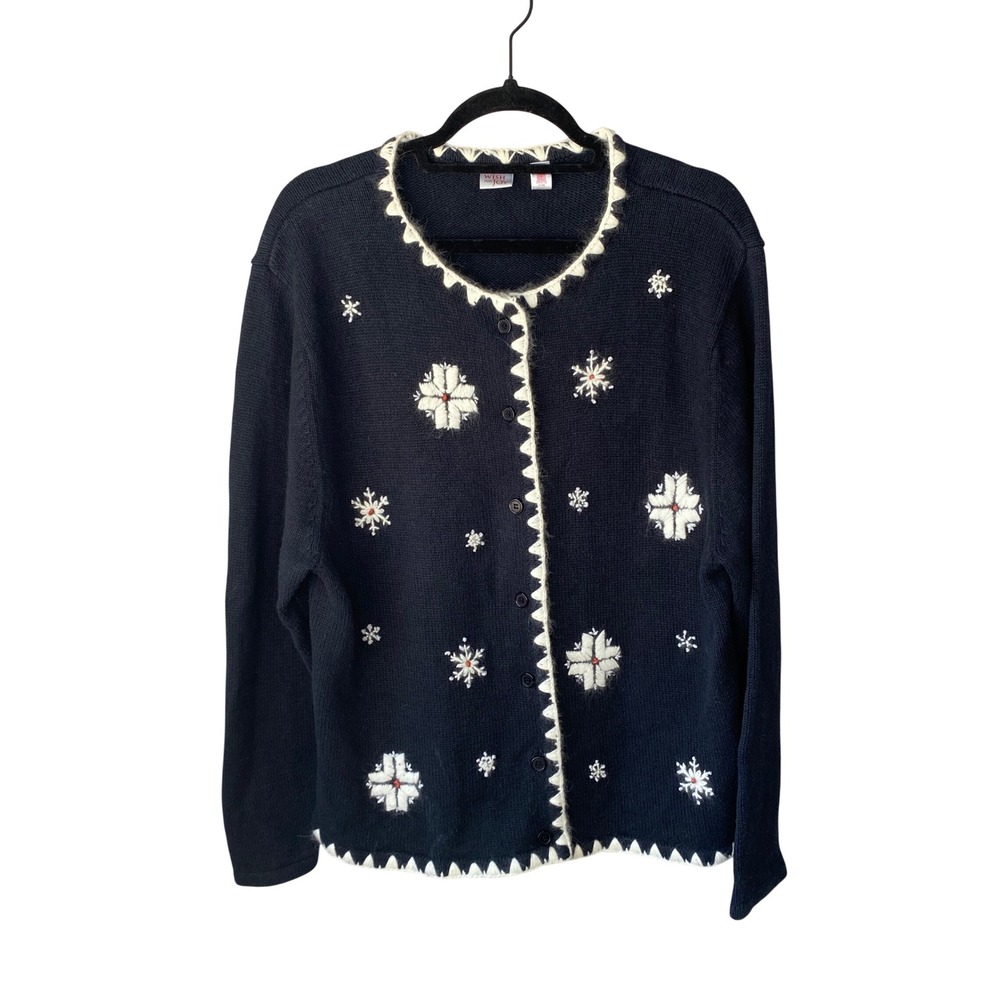 Wish For Joy Navy Blue Snowflake Embroidered Cardigan Sweater XL Holiday Winter